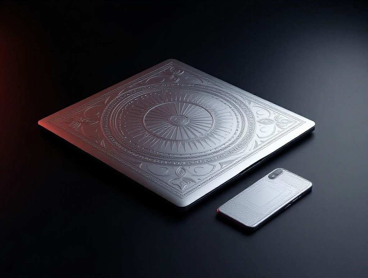 MacBook lid with engraved peach design